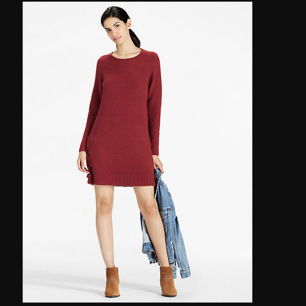 Lucky Brand Lace-Up Sweater Dress Long Slv Red - Picture 3 of 8